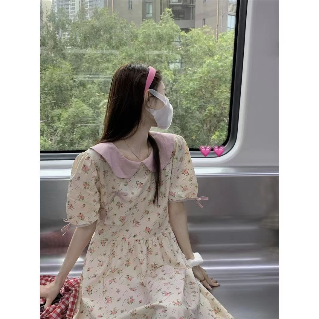 College style soft girl sweet summer new floral puff sleeve doll collar dress female student