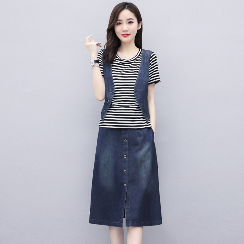 FA20617# 夏装新款休闲时尚女装显瘦马甲连衣裙两件套洋气牛仔套装裙 服裝批發女裝批發服飾貨源