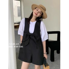 批发蝴蝶结背带裤短裤<b class='q'>套装</b>女<b class='q'>欧洲站</b>2026夏季新款韩版泡泡袖T恤两件套