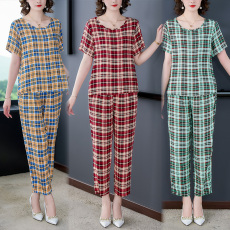 批发实拍棉绸套装女夏季短袖花色大码妈妈时尚外穿休闲棉绸两件套6188