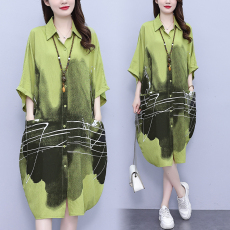 批发实拍2026夏季新款韩版POLO领遮肉衬衫<b class='q'>连衣裙</b>中长款休闲宽松型