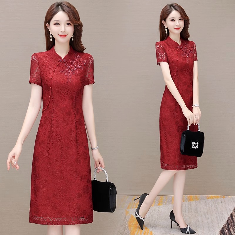 MY14371# 红色蕾丝旗袍连衣裙新款夏季显瘦复古喜婆婆婚宴装礼服裙子女裝貨源服裝批發