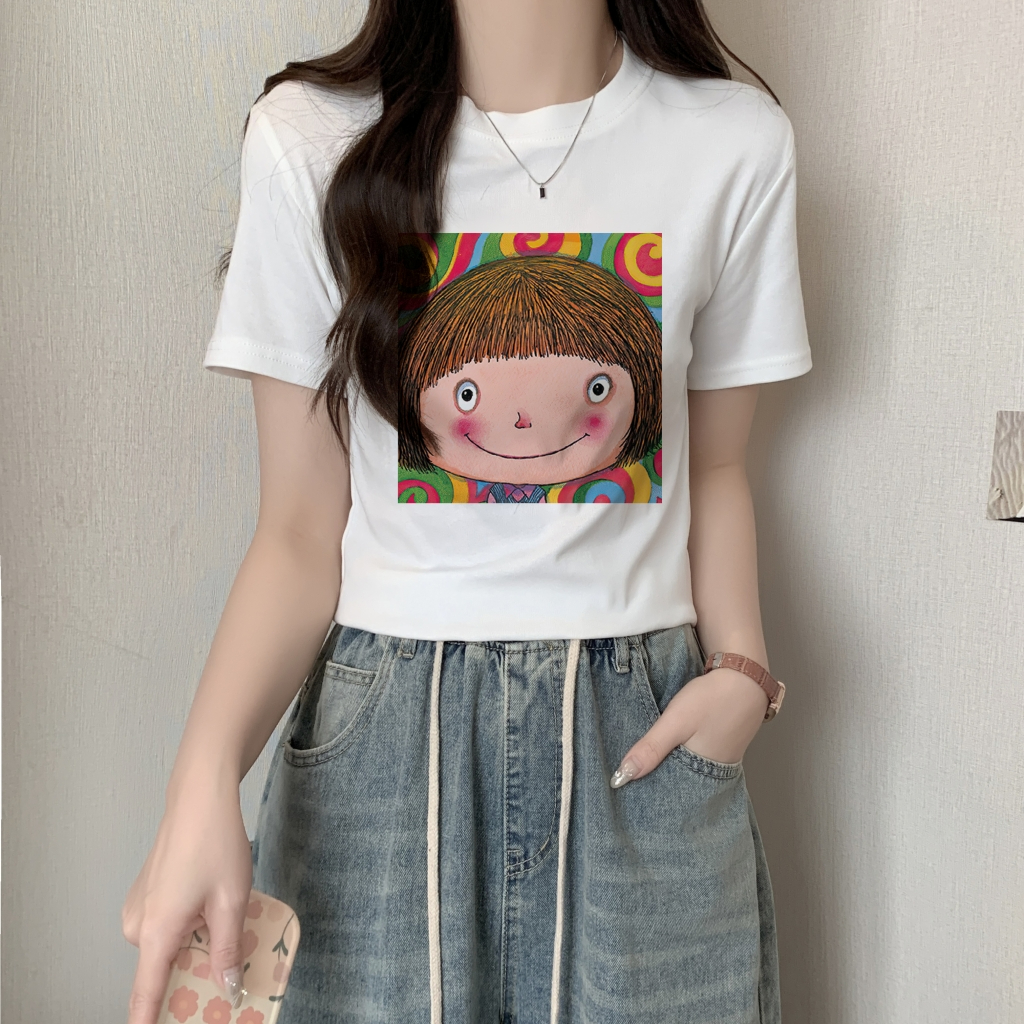Net price 40 threaded 210g package back collar 92% cotton 8% spandex short-sleeved T-shirt women's slim printed top