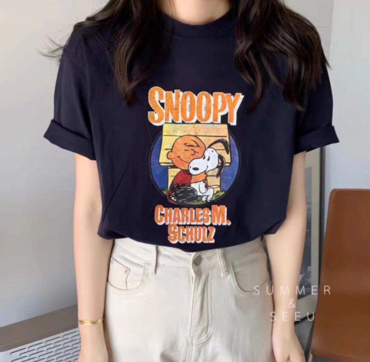 Official picture spring and summer short-sleeved printed T-shirt Four fabrics to choose from Cotton Back collar