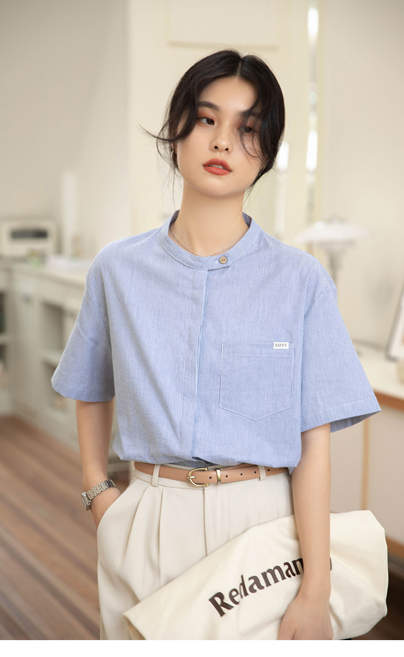 实拍夏季新品 高支纯棉设计款隐藏门襟 简约两色小领口袋衬衫女