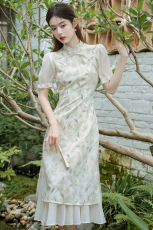 新中式国风素雅旗袍年轻款少女旗袍改良拼接鱼尾裙摆