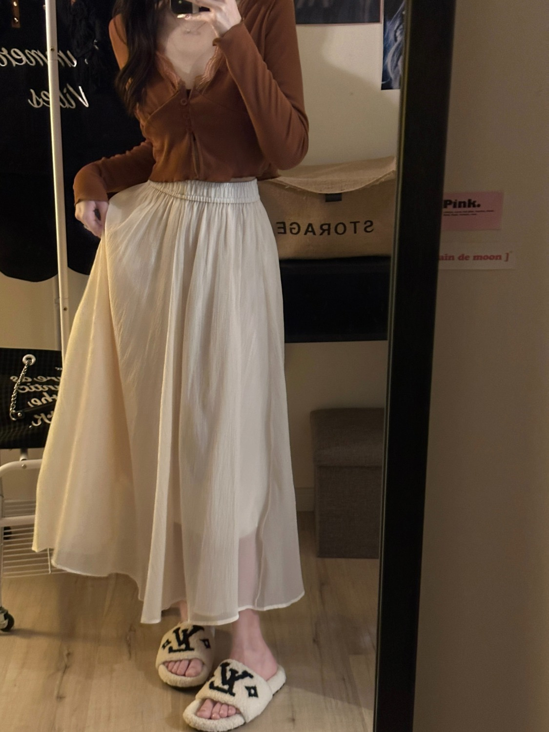 Gentle wind mid-length mesh skirt women's summer  new all-match elastic waist drape A-line skirt ins