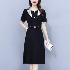 批发2026夏季新款大码女装条纹<b class='q'>西服</b>领拼色时尚气质显瘦中年妈妈连衣裙