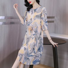 批发时尚妈妈<b class='q'>夏</b>装水墨画真丝连衣裙新款中老年女母亲节高贵桑蚕丝裙子