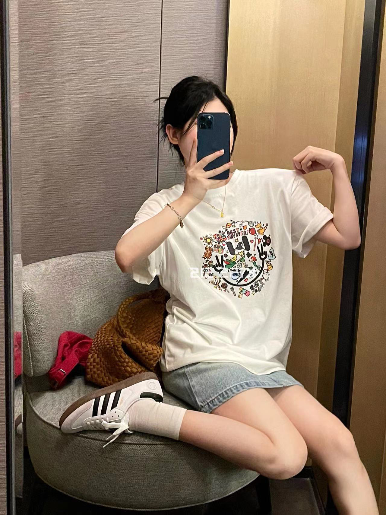Real price pure cotton wrap collar 2023 summer new 200g pure cotton shoulder strip loose print short-sleeved t-shirt