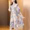 时尚妈妈夏装水墨画真丝连衣裙新款中老年女母亲节高贵桑蚕丝裙子轮播图2