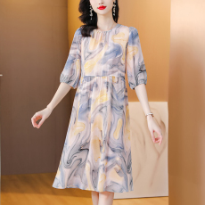 批发时尚妈妈<b class='q'>夏</b>装水墨画真丝连衣裙新款中老年女母亲节高贵桑蚕丝裙子