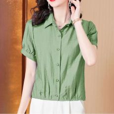批发2025夏天上衣女纯色棉麻上衣新款<b class='q'>女装</b>短袖妈妈休闲百搭大码衬衫潮
