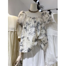 批发十三行夏季新款法式优雅宽松显瘦甜美短袖方领印花套头衬衫上衣女
