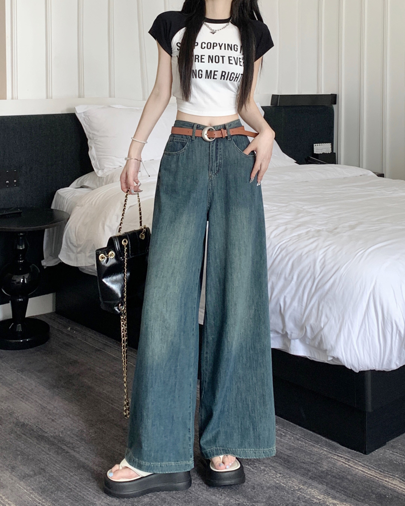 Real shot of thin soft American retro denim big-leg trousers fashionable loose hottie wide-leg pants spring