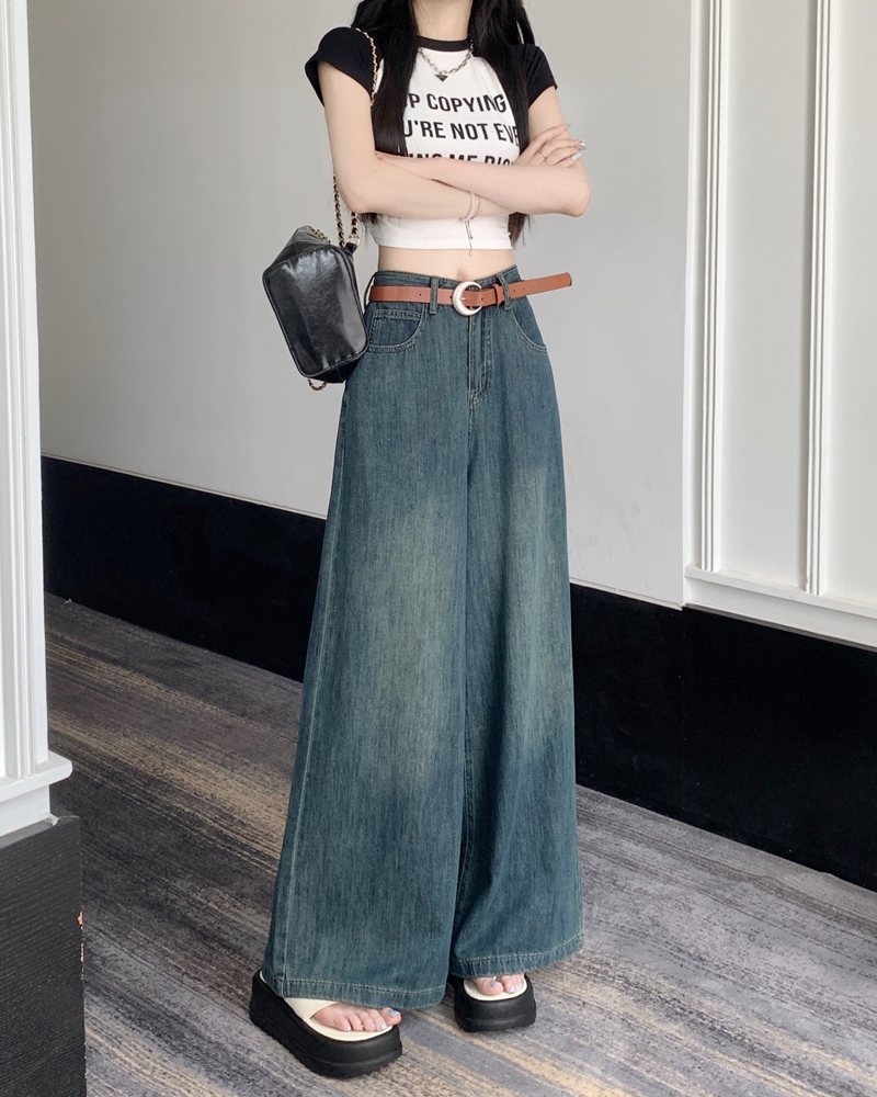 Real shot of thin soft American retro denim big-leg trousers fashionable loose hottie wide-leg pants spring