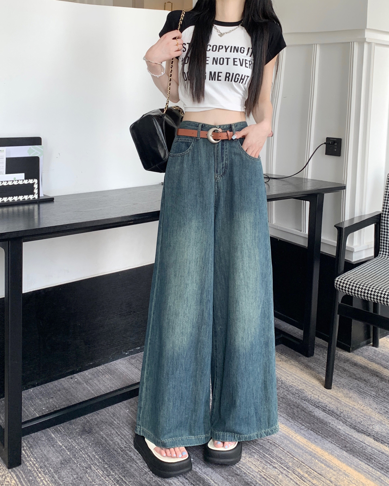 Real shot of thin soft American retro denim big-leg trousers fashionable loose hottie wide-leg pants spring