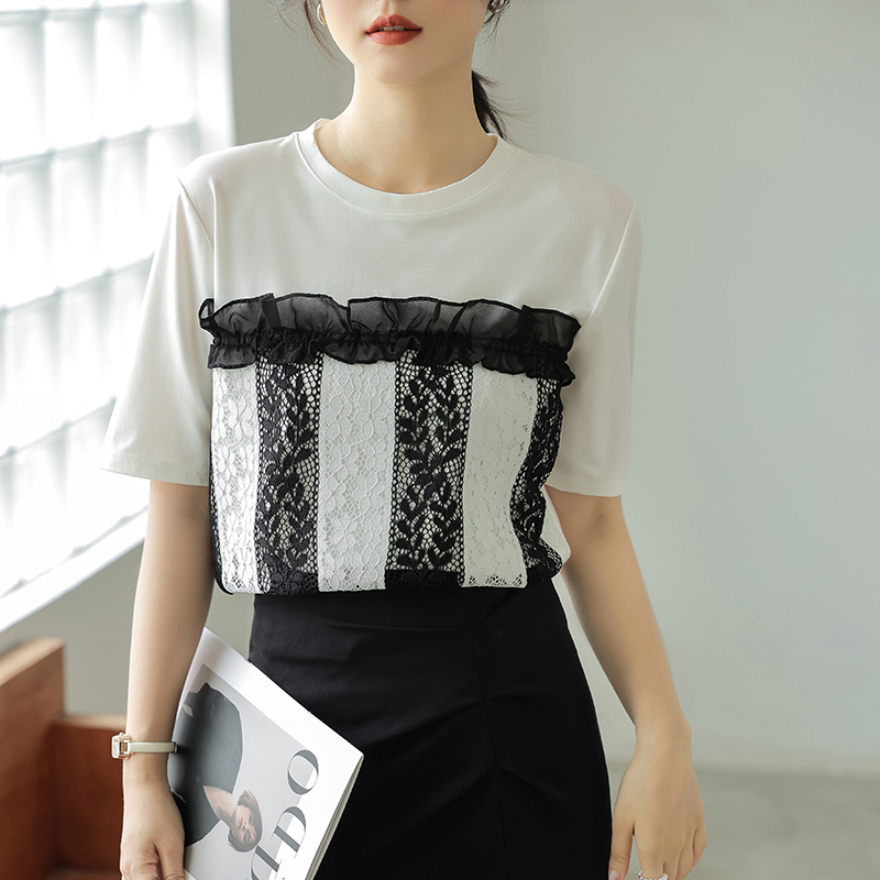 FA35097# 设计感蕾丝拼接白T新款法式别致T恤短袖上衣女夏 服裝批發女裝批發服飾貨源