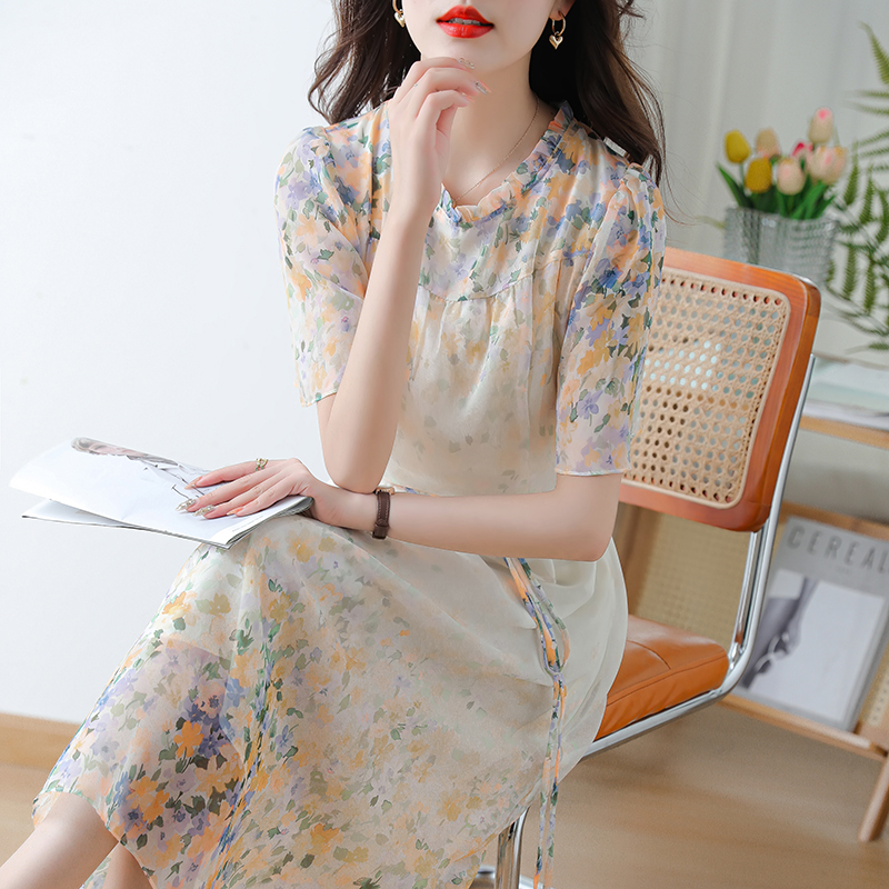 PF26577# 雪纺碎花连衣裙女夏夏季新款女装法式度假收腰长款裙子女裝貨源服裝批發