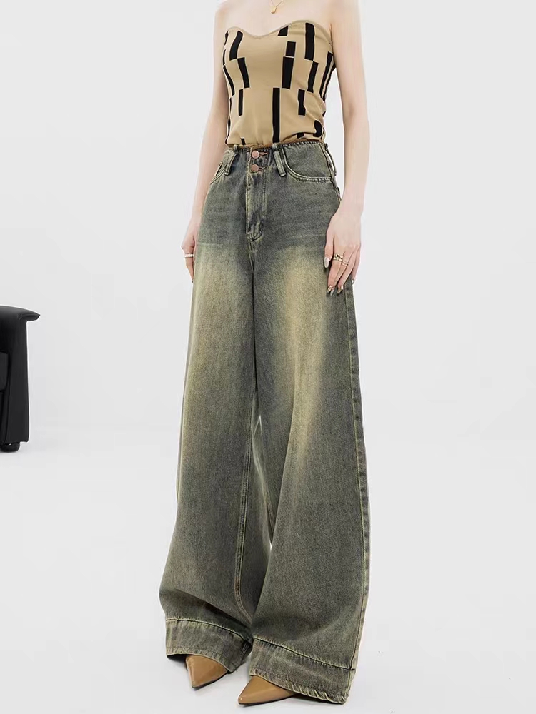ABWEAR Washed Retro Straight Jeans Women's Spring and Summer New Design Raw Edges Old Loose Wide-leg Pants