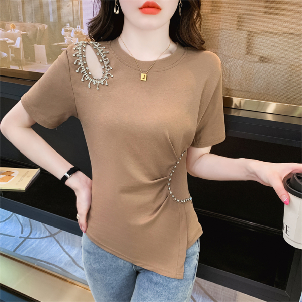 RM15344#夏季新款时尚收腰显瘦短袖上衣不规则镂空露肩镶钻T恤女