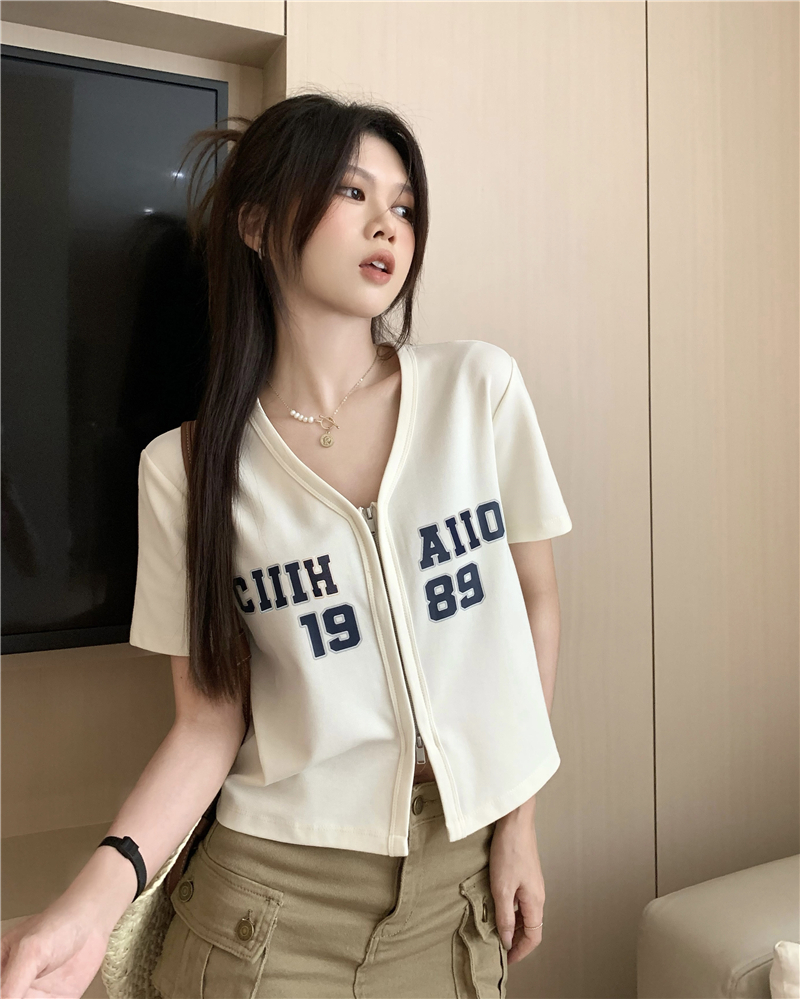 실사 여름 새로운 여성 의류 더블 머리 지퍼 디자인 센스 반팔 POLO 칼라 오픈 가디건 쇼트 스타일 맨위