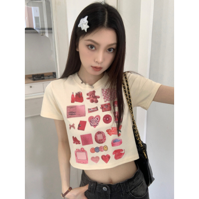 实拍 甜酷风新款卡通涂鸦短款露脐性感纯欲圆领紧身T恤女