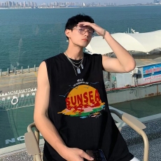 批发夏季圆领背心男美式复古印花运动坎肩宽松<b class='q'>大码</b>无袖<b class='q'>t</b><b class='q'>恤</b>ins潮牌上衣