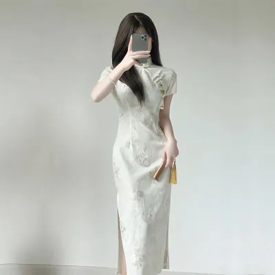 高品质现货#150小个子改良版旗袍收腰中长款新中式开叉国风连衣裙