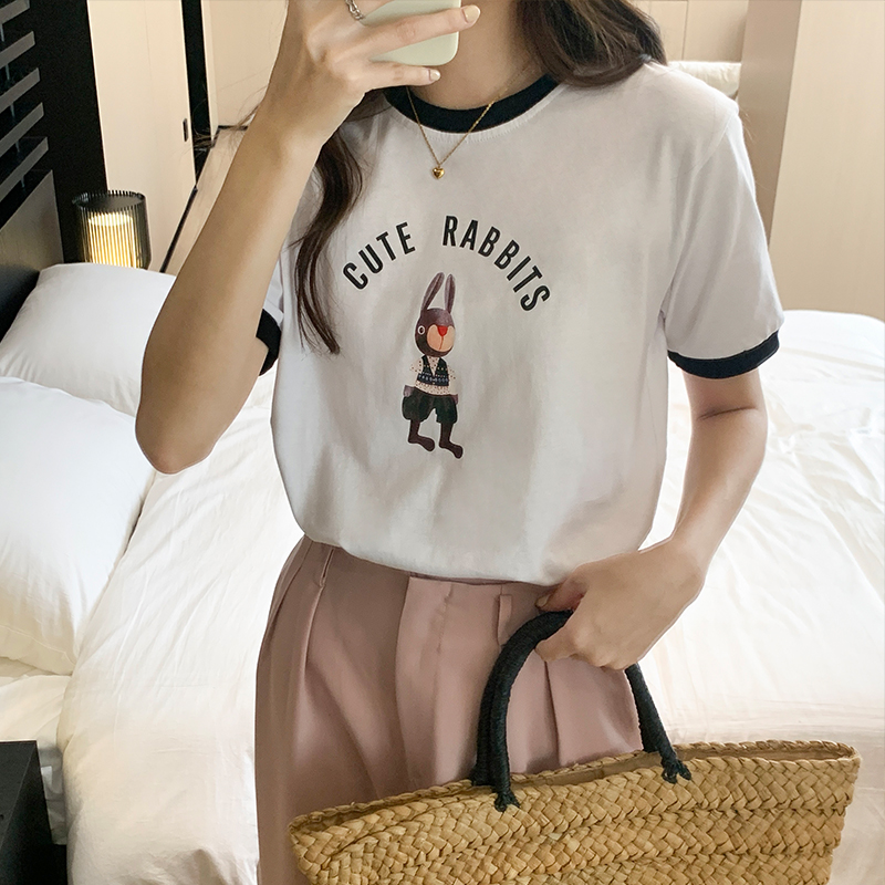 Real shot picture simple student round neck T-shirt women's summer new contrast color loose Korean letter printing short-sleeved top