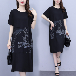 RM23036#裙子夏季气质显瘦减龄大码印花宽松遮肉拼接黑色连衣裙