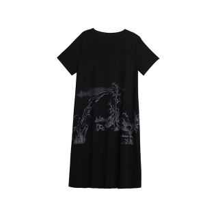RM23036#裙子夏季气质显瘦减龄大码印花宽松遮肉拼接黑色连衣裙