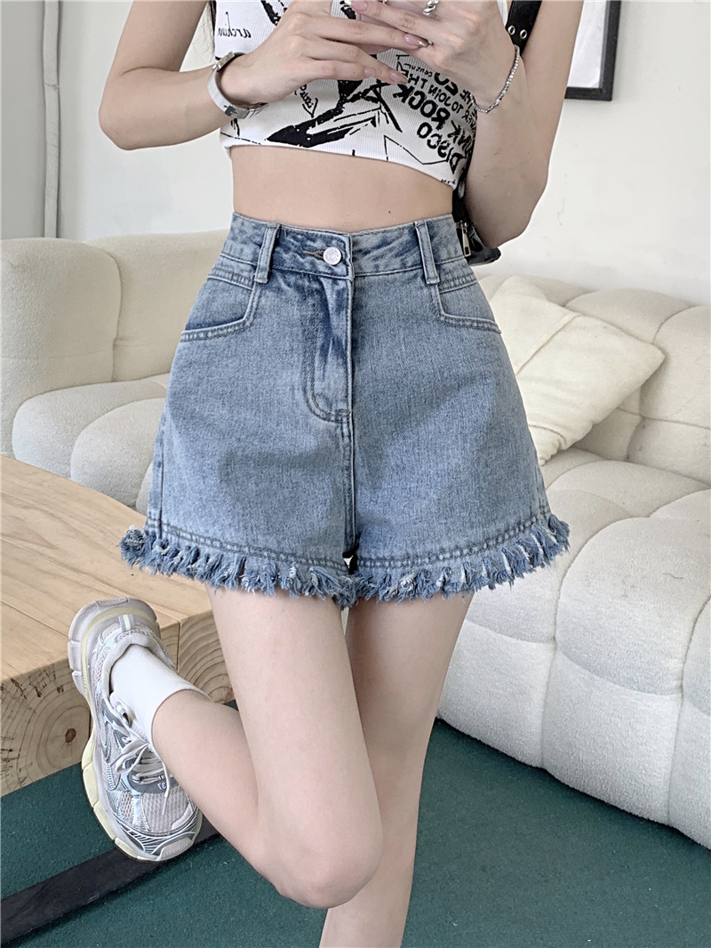 Actual shot and real price~Summer new design raw edge tassel high waist A-line denim wide leg shorts for women