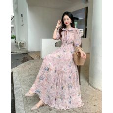 批发<b class='q'>赵</b><b class='q'>丽</b><b class='q'>颖</b><b class='q'>同款</b>夏季碎花法式收腰雪纺连衣裙泡泡袖百褶长裙