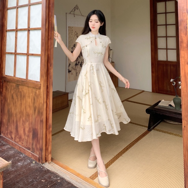 RM15011#夏季新款大码女装新中式国风立领复古改良旗袍印花连衣裙气质