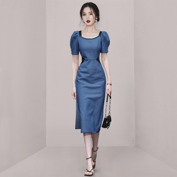 RM14444#夏季新款韩版方领泡泡袖时尚拼色收腰显瘦修身气质连衣裙