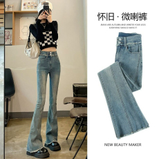 批发实价#复古高腰喇叭<b class='q'>牛仔裤</b>女修身显瘦弹力裤子ins高街潮阔腿拖地裤