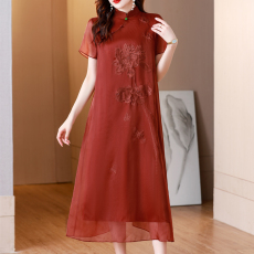 批发真丝复古连衣裙2023<b class='q'>夏</b>季大码女装中长款桑蚕丝长裙妈妈装裙子