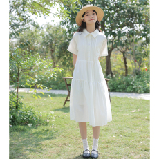 批发实拍短袖夏季小个子白色系带衬衫裙质感法式风琴褶<b class='q'>连衣裙</b>女