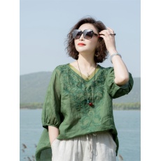 批发短袖v领衬衫女夏季洋气妈妈套头亚麻刺绣t恤上衣亚麻衬衣