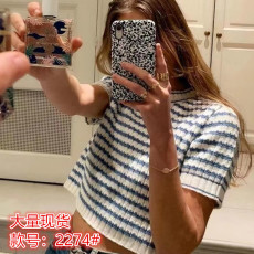 批发2025年新款美式复古蓝白条纹短款针织短袖潮ins女夏季薄款婋贰