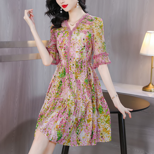 RM14224#双绉真丝碎花连衣裙女夏季法式高端重磅桑蚕丝V领度假长裙