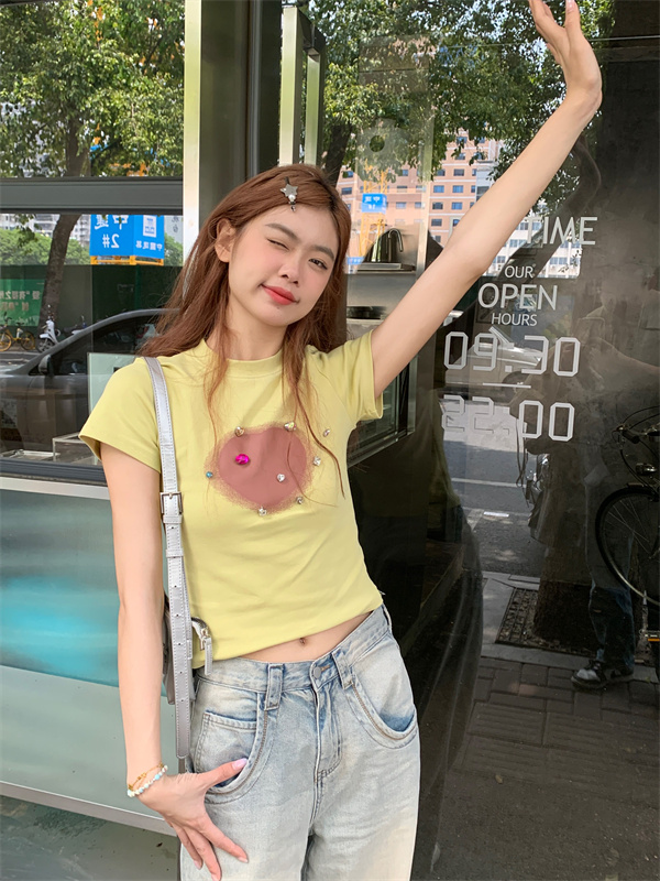 實拍   碎鑽愛心短袖辣妹百搭T恤美式短上衣女