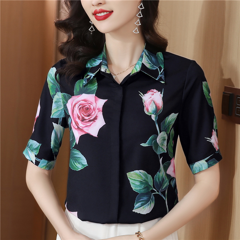 실크 셔츠 여성용 짧은 소매 2026 여름 드레스 새로운 셔츠 여성 여름 섹션 Chic 꽃무늬 아름다운 뽕나무 누에 실크 맨위