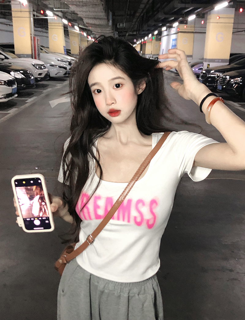 Original real shot real price Internet celebrity style pure lust style big U-neck printed slimming short-sleeved T-shirt