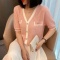 小香风口袋盖拼色短袖开衫女2023夏季新款金属扣V领提花针织衫薄轮播图4