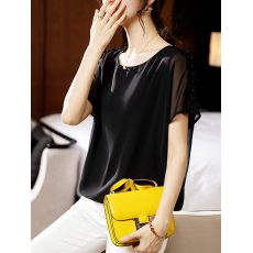 批发限价+12+小视频 2025纯色圆领<b class='q'>蝙蝠衫</b>收腰夏季显瘦假两件<b class='q'>雪纺</b><b class='q'>上衣</b>