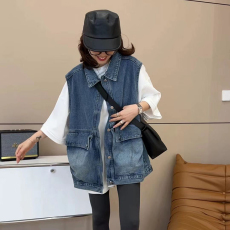 批发抖音二姐的宝藏慵懒风牛仔马甲外套宽松显瘦无袖坎肩工装马甲背心
