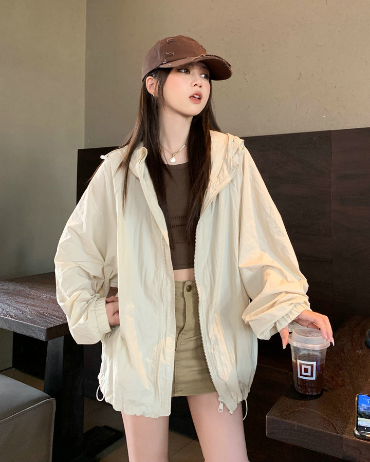 Real shot, real price, loose design, hooded long-sleeved sun protection jacket, women's all-match casual drawstring sports jacket