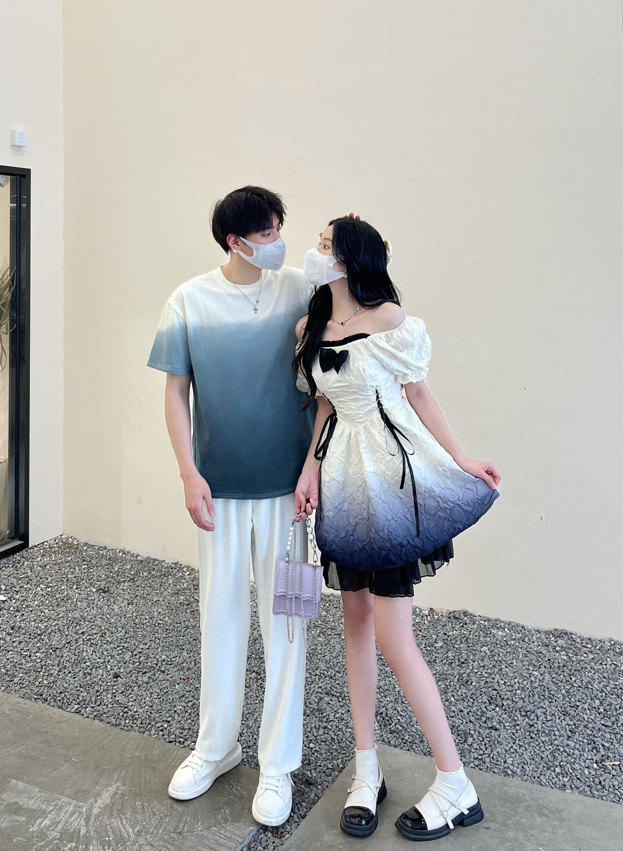 现货实拍洛丽塔泡泡渐变蓝色甜美公主裙情侣装